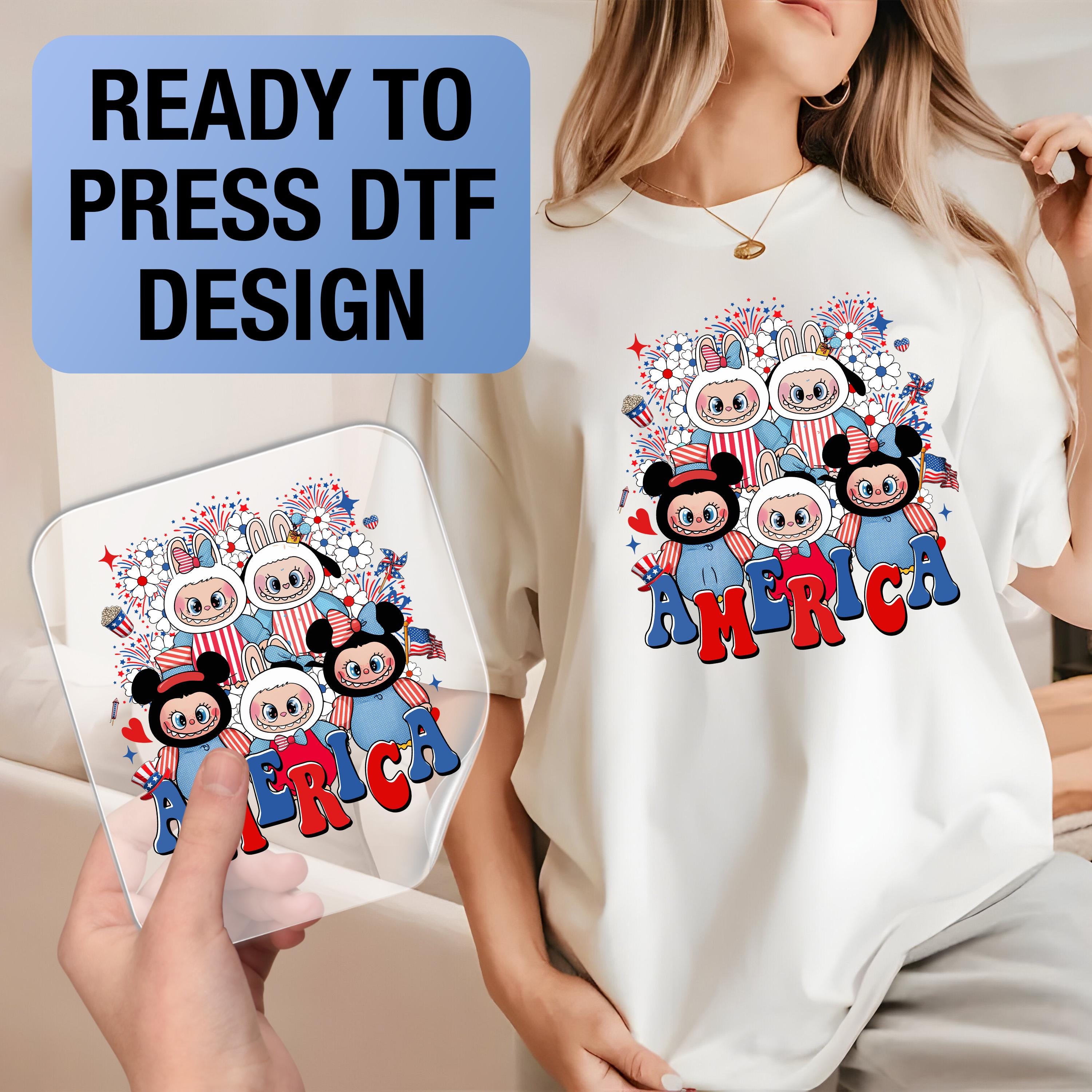 Labubu Ready to Press DTF Prints, Labubu Heat Transfer Design, Labubu 4th of July DTF Transfers, Labubu Tshirt DTF, 4th of July Dtf DV17