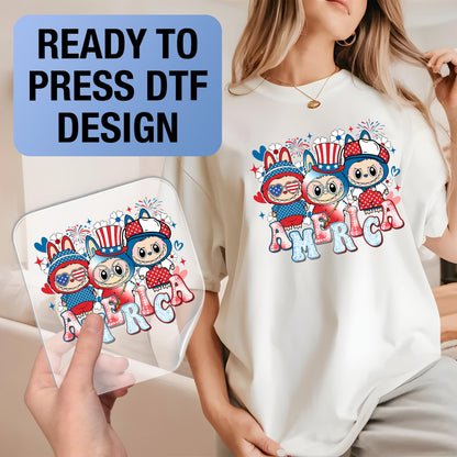 Labubu Ready to Press DTF Prints, Labubu Heat Transfer Design, Labubu 4th of July DTF Transfers, Labubu Tshirt DTF, 4th of July Dtf DV18